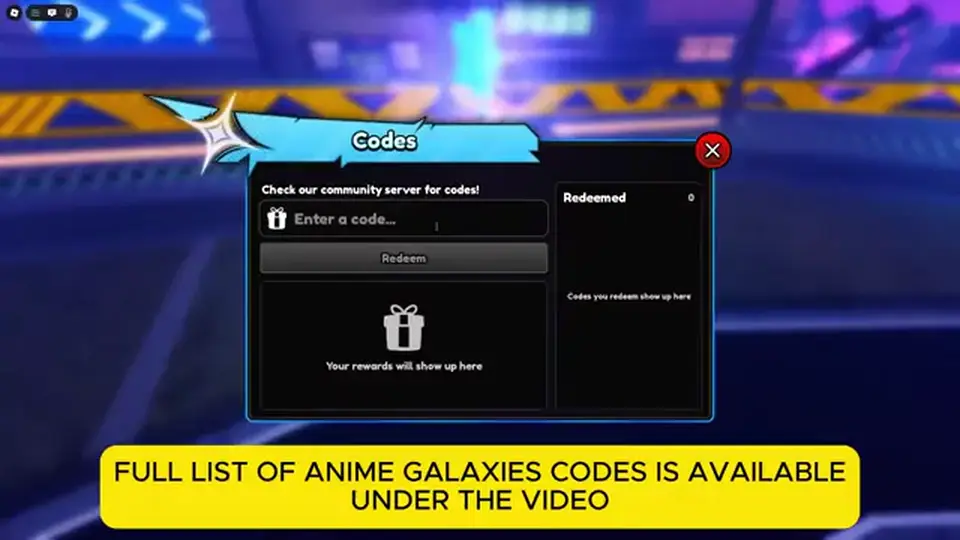 Anime Galaxies working-codes overlay card in the lobby